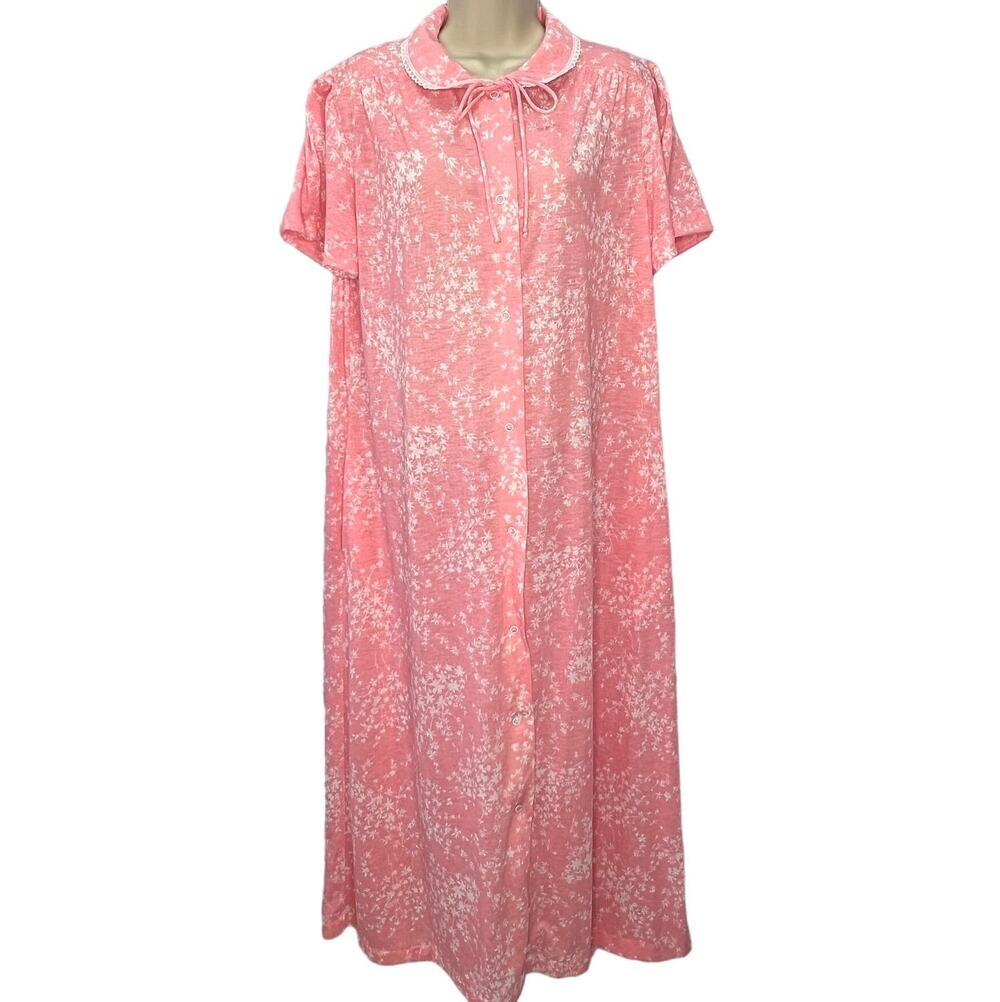 Vintage 70s JCPenney Short Sleeve Robe Pink Floral Size M Snap Button Cottage